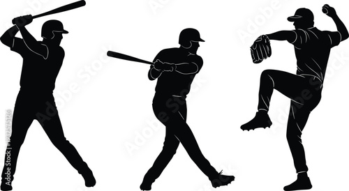 Baseball player silhouette set with batter swing and pitcher throw poses, professional sport vector illustration isolated on white background for competition 