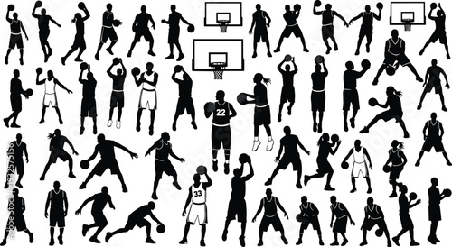 Basketball player silhouettes set featuring dribbling, shooting, passing and dunking poses with hoops, dynamic sports action collection in black and white vector 
