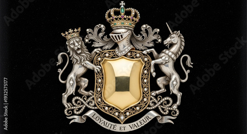 Elegant heraldic crest featuring a crown, lion, unicorn, and shield, representing nobility and heritage.