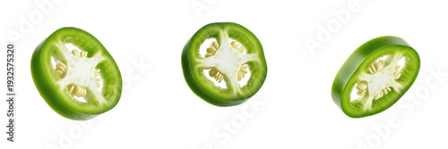 Fresh slices of green jalapeño pepper isolated on white background