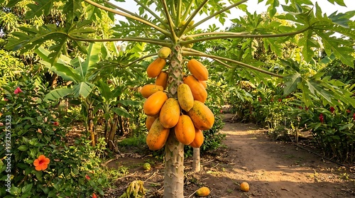 A tall tropical papaya tree heavily loaded with clusters of large ripe orange and green papayas on a farm.