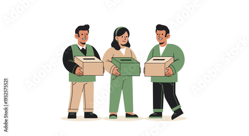 Three people holding donation boxes for charity.