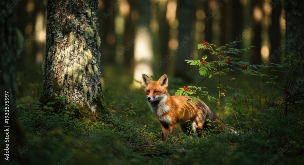 Naklejka premium A fox in a forest setting, alert and looking towards the camera, surrounded by greenery and trees with sunlight filtering through the leaves.