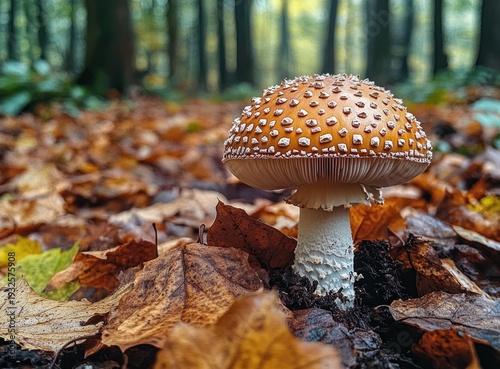 spotted brown toadstool rising from damp leaf litter on an autumn forest floor, surrounded by fallen leaves and misty trees, evoking quiet wonder and peaceful solitude