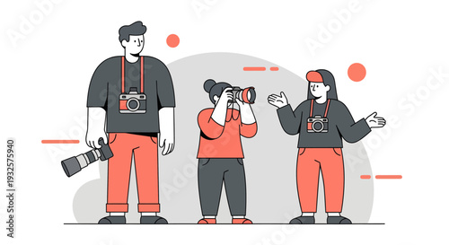 Three photographers with cameras capturing moments and sharing experiences.