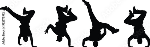Breakdancer silhouette set featuring hip hop street dance handstand poses in black and white vector illustration collection isolated for urban lifestyle design