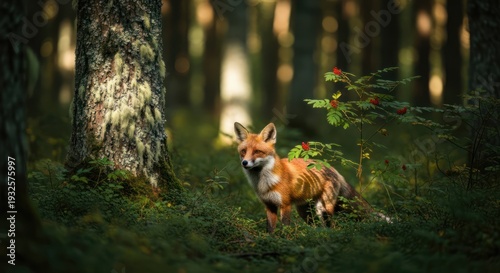 A fox in a forest setting, alert and looking towards the camera, surrounded by greenery and trees with sunlight filtering through the leaves.