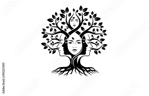 Overlapping Faces Tree Silhouette, Human Connection and Nature Vector Sticker, Symbolic Unity and Growth Illustration