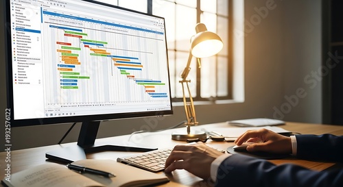 Project Management Software Gantt Chart on Computer Screen.