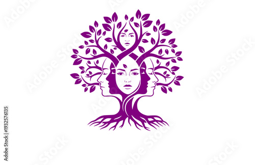 Overlapping Faces Tree Silhouette, Human Connection and Nature Vector Sticker, Symbolic Unity and Growth Illustration