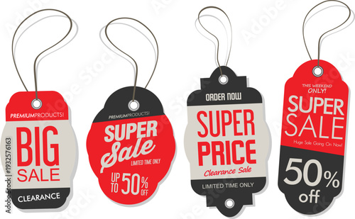 Four discount tags with sale and price reduction messages