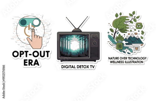 Digital Detox TV with Forest Growth Silhouette, Opt-Out Era Vector Sticker, Nature Over Technology Wellness Illustration