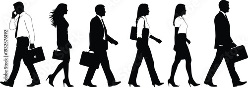 Business people silhouette set walking with briefcases, professional men and women office workers vector illustration isolated on white background for corporate lifestyle concept