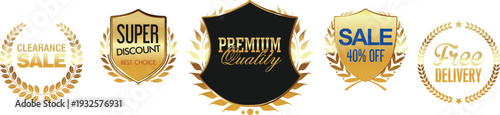 Golden sale and premium product badges on white background