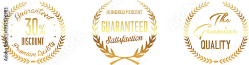Golden guarantee and quality labels on white background
