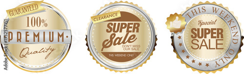 Three gold and silver bottle caps with super sale and premium labels