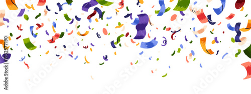 Design of festive banner with colourful confetti overlay for birthday party. Rainbow small tinsels are flying in the air on holiday. Celebration of success. Flat isolated vector illustration on white
