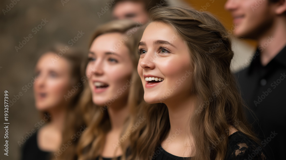 Fototapeta premium Choir in harmony singing, musical worship performance, vocal ensemble praise, church music ministry, congregational singing moment, faceless choir members, defocused sanctuary background, with