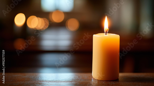 Prayer church candle burning, worship illumination display, devotional candlelight, ecclesiastical flame symbol, religious meditation light, sanctuary candle glow, defocused background, with