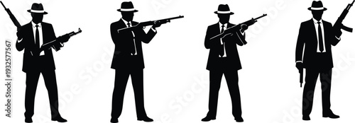 Gangster silhouette set with rifles and pistols, mafia men in suits and hats holding weapons, vintage crime character vector illustration isolated on white background