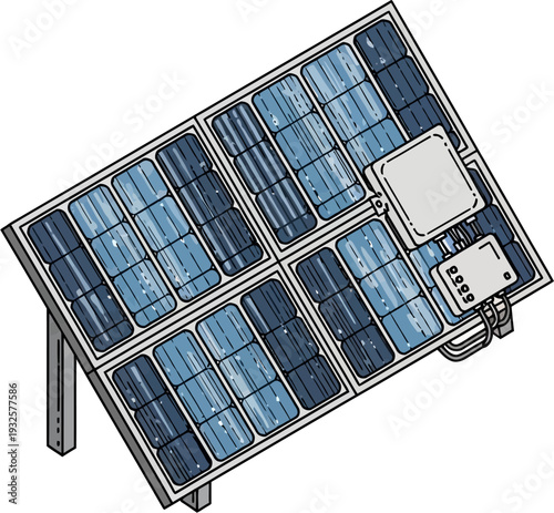 Illustration of a solar panel array with multiple photovoltaic cells and associated electronic components, mounted on a stand.