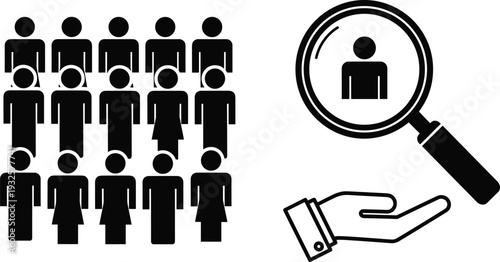 Target Audience Selection and Customer Segmentation Concept Illustration with Group of People Magnifying Glass and Recruitment Hand Symbol in Minimal Black Silhouette Vector Design