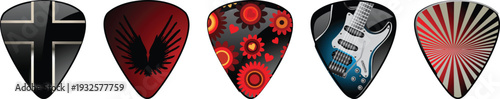 A row of five guitar picks with different designs