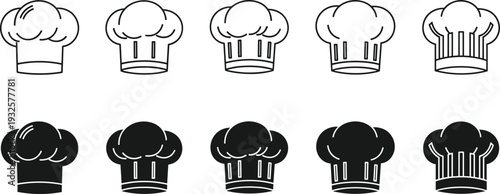 Chef hat icons collection, culinary design, outline and filled styles, cooking symbol, kitchen art, restaurant branding – flat vector illustration