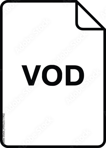 VOD File Document Icon Representing Video on Demand Digital Media Format and Online Streaming Content in Minimal Outline Vector Illustration Style