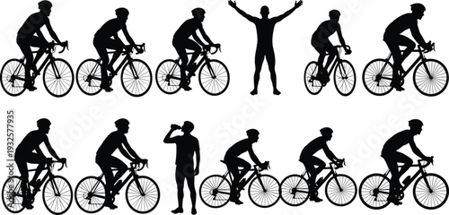 Cyclist silhouettes vector illustration, bicycle sport icons, racing training lifestyle, fitness activity design, outdoor exercise concept, celebration victory pose - flat vector illustration