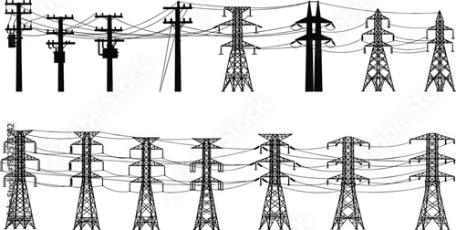 Electrical transmission towers and utility poles silhouettes, power lines, transformers, high‑voltage infrastructure, energy distribution design – flat vector illustration