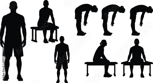 Exercise silhouette vector illustration, fitness poses, stretching positions, workout icons, healthy lifestyle, gym training, physical activity, body movement concept - flat vector illustration