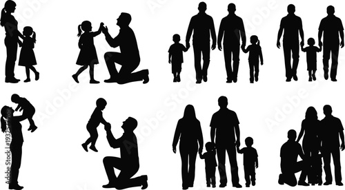 Family interaction silhouettes vector illustration, parenting icons, child bonding lifestyle, relationship design, love care concept, people together - flat vector illustration