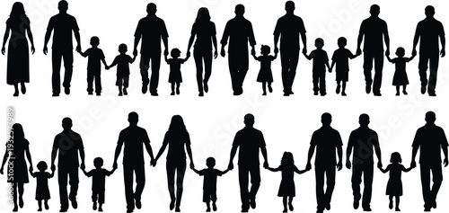Family silhouettes collection, adults and children holding hands, diverse family structures, unity, togetherness, human connection – flat vector illustration