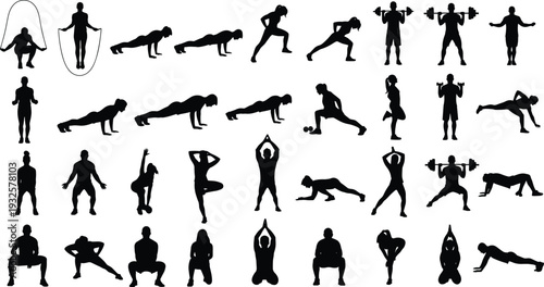 Fitness exercise silhouettes vector illustration, workout poses, gym training icons, yoga stretching, healthy lifestyle, physical activity, body movement concept - flat vector illustration