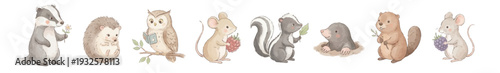 Nursery watercolor forest animals set with skunk, beaver, mole, berries cute. Collection of Vector illustrations. Perfect for invitation, card, poster, banner, decoration