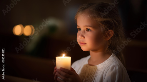 Peaceful young girl holding lit candle surrounded by soft candlelight, serene church setting, child worship participation, youth candlelight service, faceless young worshipper, defocused