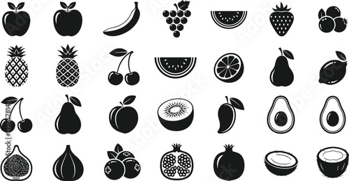 Fruit silhouette vector illustration, healthy food icons, nutrition artwork, fresh produce design, tropical fruit scene - flat vector illustration