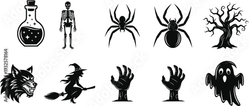 Halloween horror silhouette vector set featuring witch, skeleton, spiders, ghost, werewolf and spooky elements isolated on white background for decoration design