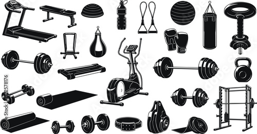 Gym fitness equipment silhouettes, treadmills, barbells, dumbbells, punching bags, kettlebell, squat rack, boxing gloves, workout gear – flat vector illustration