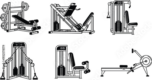 Gym equipment silhouettes vector illustration, fitness machines icons, strength training devices, workout exercise tools, health lifestyle, bodybuilding concept - flat vector illustration