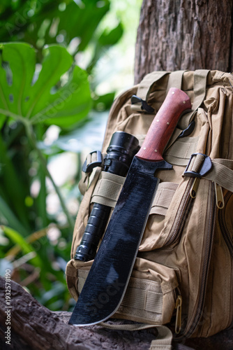 machete knife and a hiking backpack rest on a log.