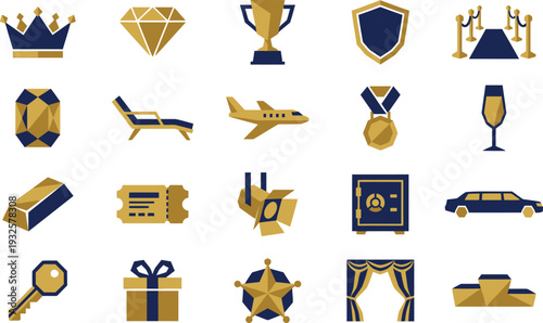 Luxury and success icons collection featuring gold and blue royal wealth symbols