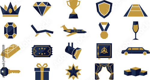 Luxurious gold and blue flat design icons representing success, wealth, and a prestigious lifestyle