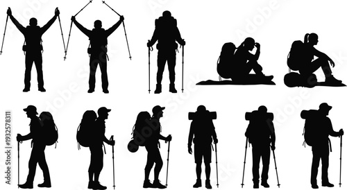Hiker silhouette set with trekking poles and backpack, mountain hiking and camping adventure vector illustration isolated on white background for outdoor travel concept