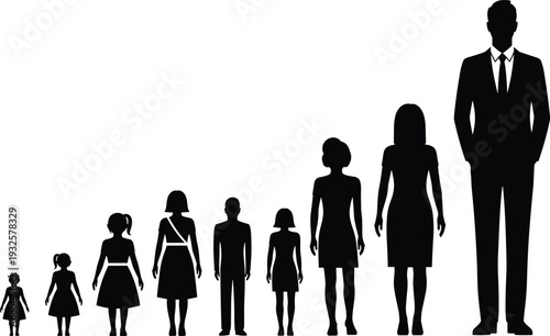 Human growth silhouettes vector illustration, child to adult icons, life stages development concept, people lifestyle design, evolution identity - flat vector illustration
