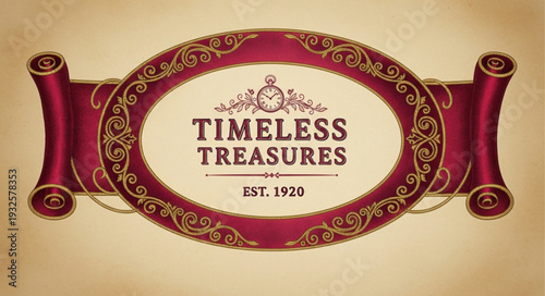 Elegant Timeless Treasures Logo with Scroll Design and Vintage Aesthetic.