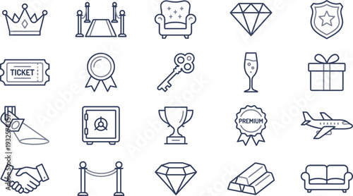 Collection of luxury and VIP exclusive service icons featuring gold and dark blue design elements.