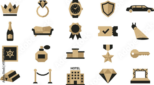 Collection of luxury status symbols including jewelry, gold bars, and premium amenities icons.