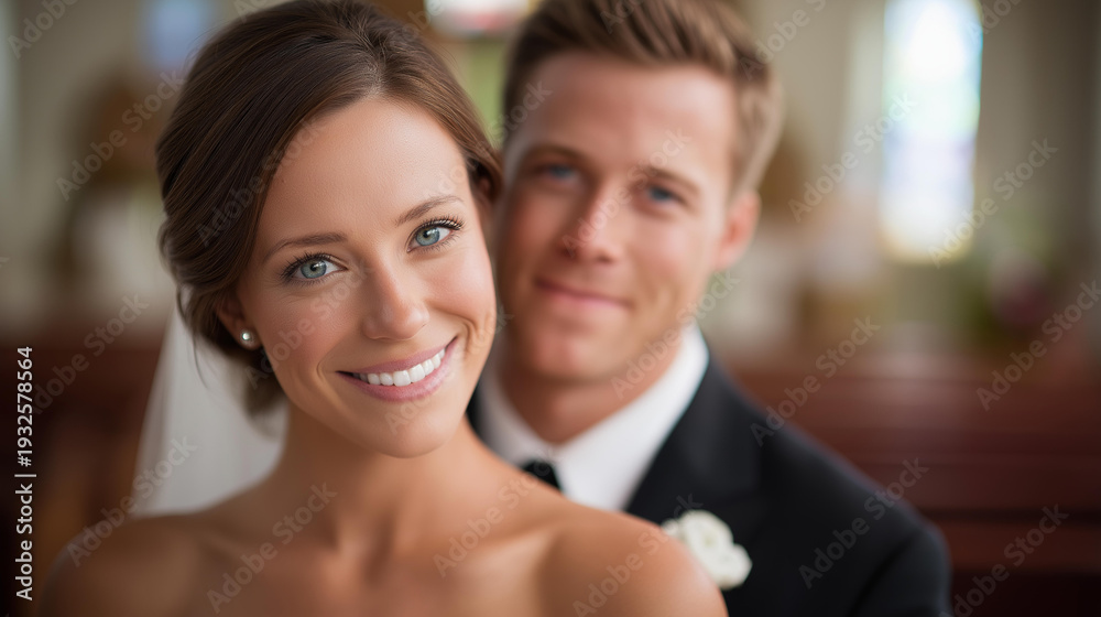 Fototapeta premium Married couple posing in church after ceremony, newlywed portrait moment, post-wedding photography, matrimonial couple display, bride and groom showcase, defocused sanctuary background, with